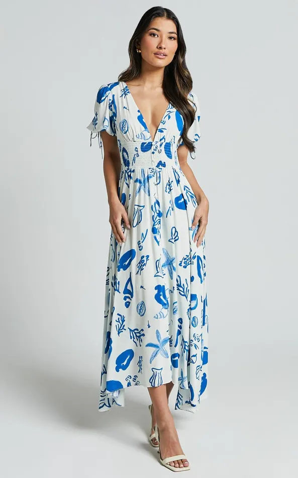 Showpo Eleanor Midi Dress 8211 V Neck Short Puff Sleeve Dress In Blue Print Women Dresses