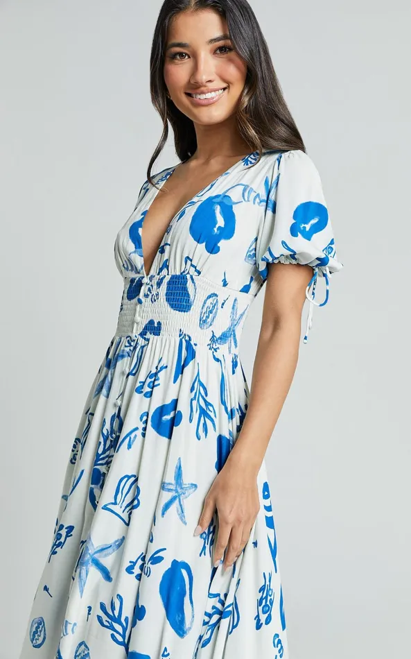 Showpo Eleanor Midi Dress 8211 V Neck Short Puff Sleeve Dress In Blue Print Women Dresses