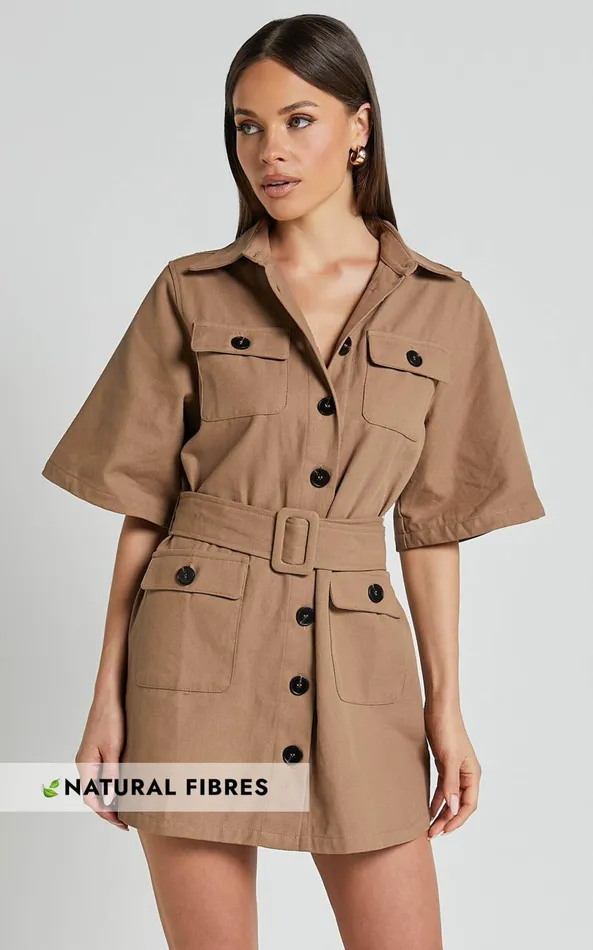 Showpo Elena Mini Dress 8211 Wide Sleeve Utility Dress In Mocha Women Dresses