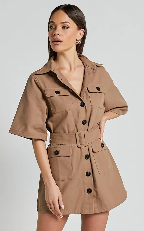 Showpo Elena Mini Dress 8211 Wide Sleeve Utility Dress In Mocha Women Dresses