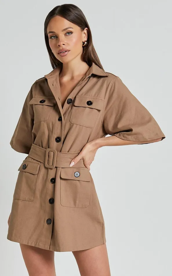 Showpo Elena Mini Dress 8211 Wide Sleeve Utility Dress In Mocha Women Dresses