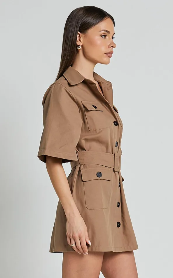 Showpo Elena Mini Dress 8211 Wide Sleeve Utility Dress In Mocha Women Dresses