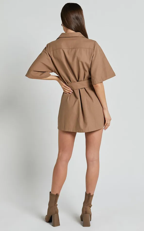 Showpo Elena Mini Dress 8211 Wide Sleeve Utility Dress In Mocha Women Dresses