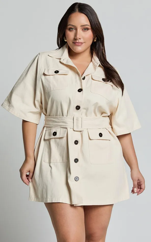 Showpo Elena Mini Dress 8211 Wide Sleeve Utility Dress In Natural Women Curve Clothes