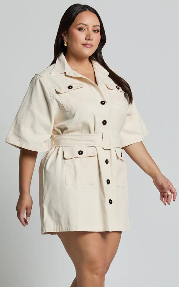 Showpo Elena Mini Dress 8211 Wide Sleeve Utility Dress In Natural Women Curve Clothes