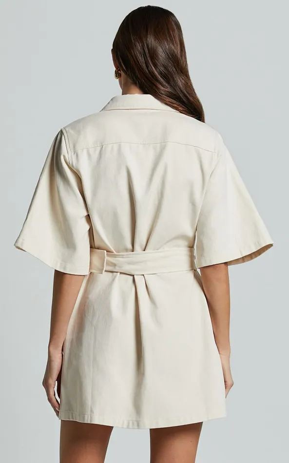 Showpo Elena Mini Dress 8211 Wide Sleeve Utility Dress In Natural Women Curve Clothes