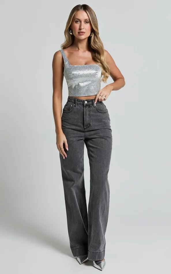 Showpo Elena Top 8211 Metallic Jacquard Square Neck Top In Silver Women Tops