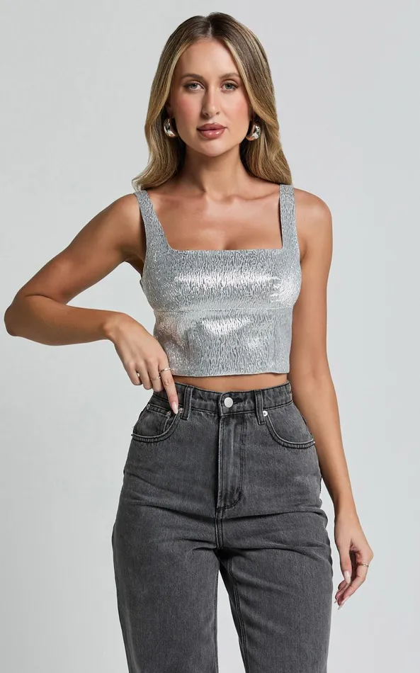 Showpo Elena Top 8211 Metallic Jacquard Square Neck Top In Silver Women Tops