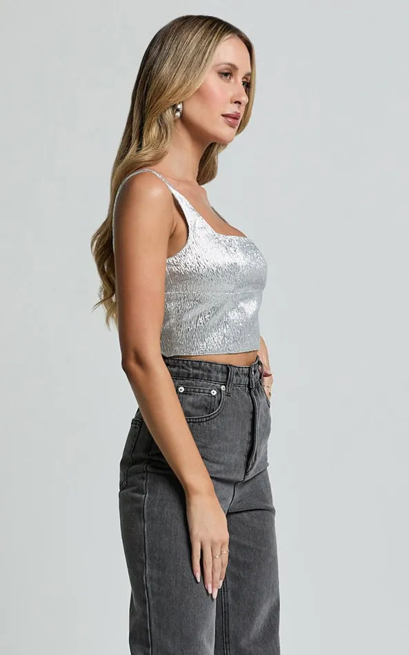 Showpo Elena Top 8211 Metallic Jacquard Square Neck Top In Silver Women Tops