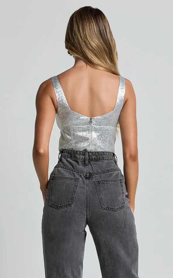 Showpo Elena Top 8211 Metallic Jacquard Square Neck Top In Silver Women Tops