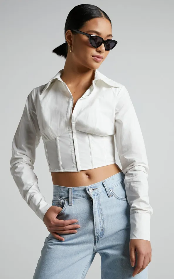 Showpo Elenina Shirt 8211 Corset Waist Cropped Shirt In White Women Tops