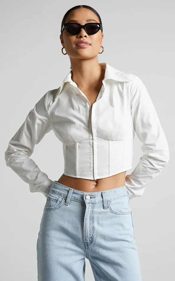 Showpo Elenina Shirt 8211 Corset Waist Cropped Shirt In White Women Tops
