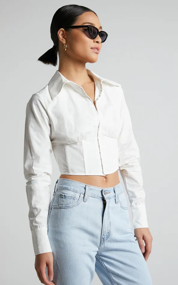 Showpo Elenina Shirt 8211 Corset Waist Cropped Shirt In White Women Tops