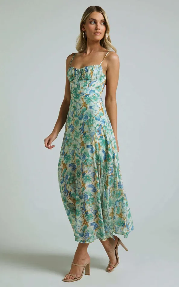 Showpo Elenita Midi Dress 8211 Cup Bust Sleeveless Slit Dress In Green Floral Women Dresses