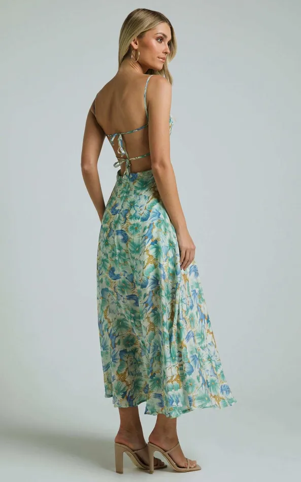 Showpo Elenita Midi Dress 8211 Cup Bust Sleeveless Slit Dress In Green Floral Women Dresses