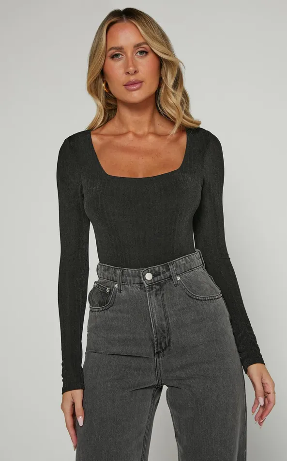 Showpo Eleonie Bodysuit 8211 Square Neck Ribbed Bodysuit In Black Women Basics