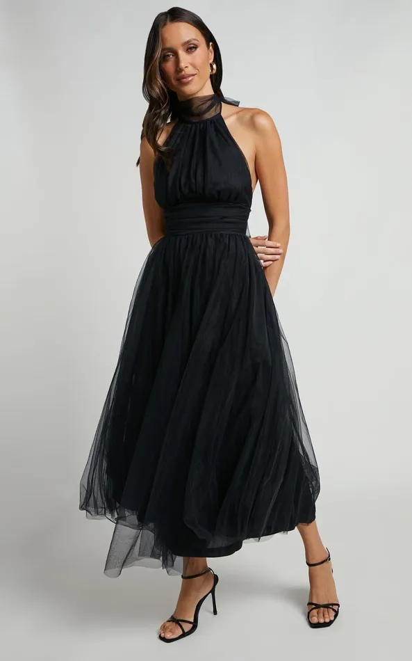 Showpo Eleonor Midi Dress 8211 Halter Neck Bust Gathering Tulle Dress In Black Women Dresses Showpo Eleonor Midi Dress 8211 Halter Neck Bust Gathering Tulle Dress In Black Women Dresses