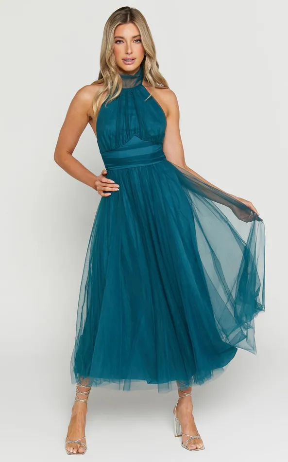 Showpo Eleonor Midi Dress 8211 Halter Neck Bust Gathering Tulle Dress In Teal Women Dresses Showpo Eleonor Midi Dress 8211 Halter Neck Bust Gathering Tulle Dress In Teal Women Dresses