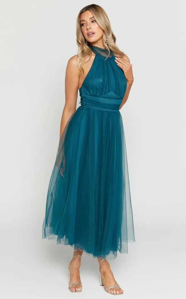 Showpo Eleonor Midi Dress 8211 Halter Neck Bust Gathering Tulle Dress In Teal Women Dresses