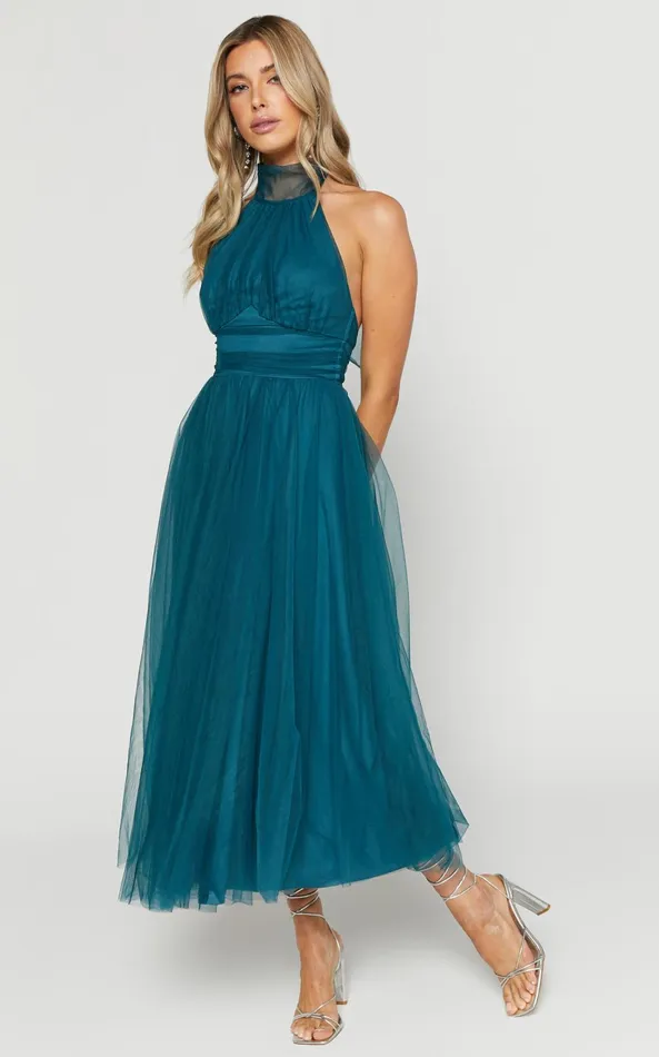 Showpo Eleonor Midi Dress 8211 Halter Neck Bust Gathering Tulle Dress In Teal Women Dresses