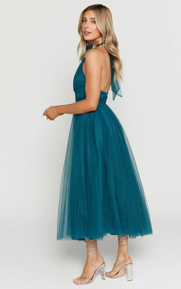 Showpo Eleonor Midi Dress 8211 Halter Neck Bust Gathering Tulle Dress In Teal Women Dresses