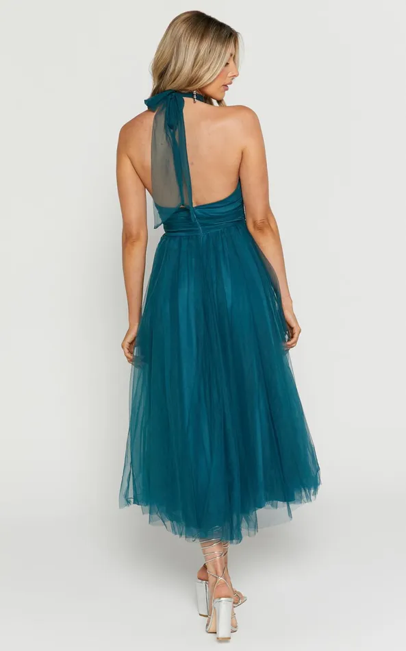 Showpo Eleonor Midi Dress 8211 Halter Neck Bust Gathering Tulle Dress In Teal Women Dresses