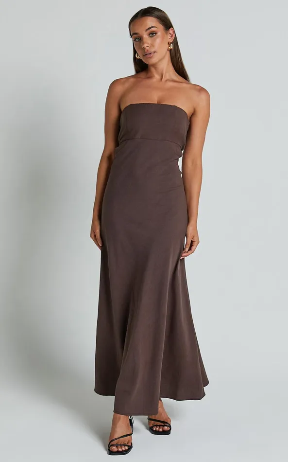 Showpo Elerie Maxi Dress 8211 Strapless Linen Dress In Chocolate Women Dresses