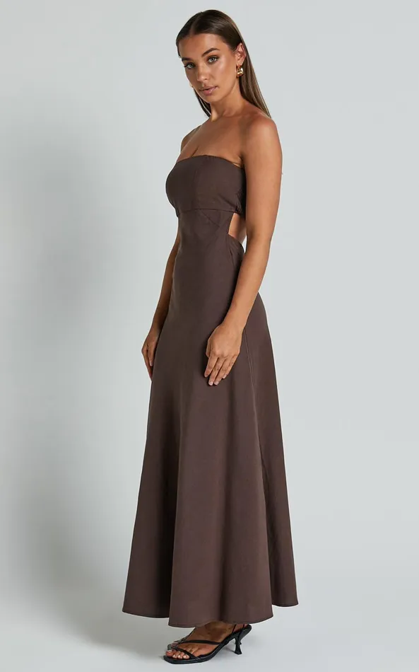 Showpo Elerie Maxi Dress 8211 Strapless Linen Dress In Chocolate Women Dresses