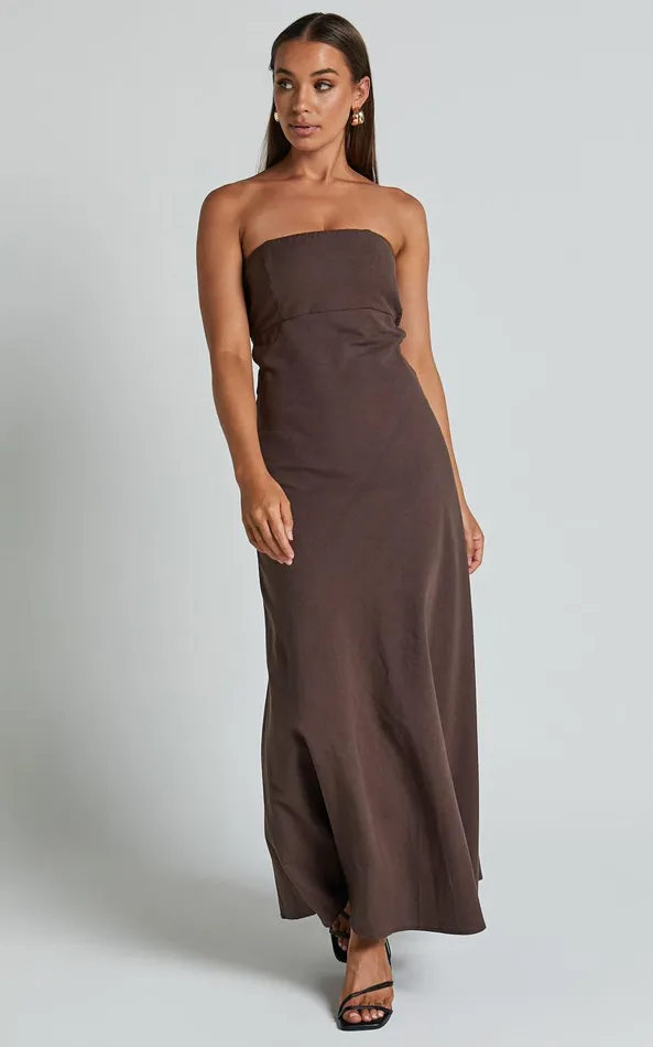 Showpo Elerie Maxi Dress 8211 Strapless Linen Dress In Chocolate Women Dresses