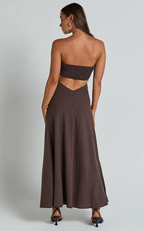 Showpo Elerie Maxi Dress 8211 Strapless Linen Dress In Chocolate Women Dresses