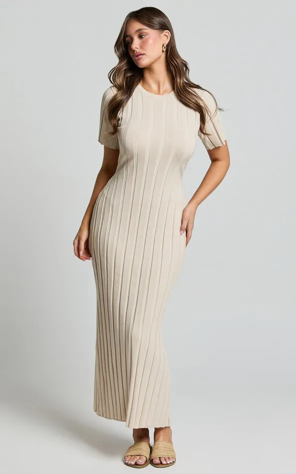 Showpo Elfha Midi Dress 8211 Wide Rib Short Sleeve Knit Midi Dress In Sand Women Dresses