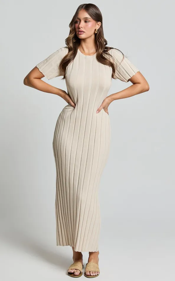 Showpo Elfha Midi Dress 8211 Wide Rib Short Sleeve Knit Midi Dress In Sand Women Dresses