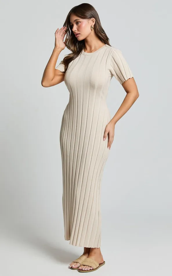 Showpo Elfha Midi Dress 8211 Wide Rib Short Sleeve Knit Midi Dress In Sand Women Dresses