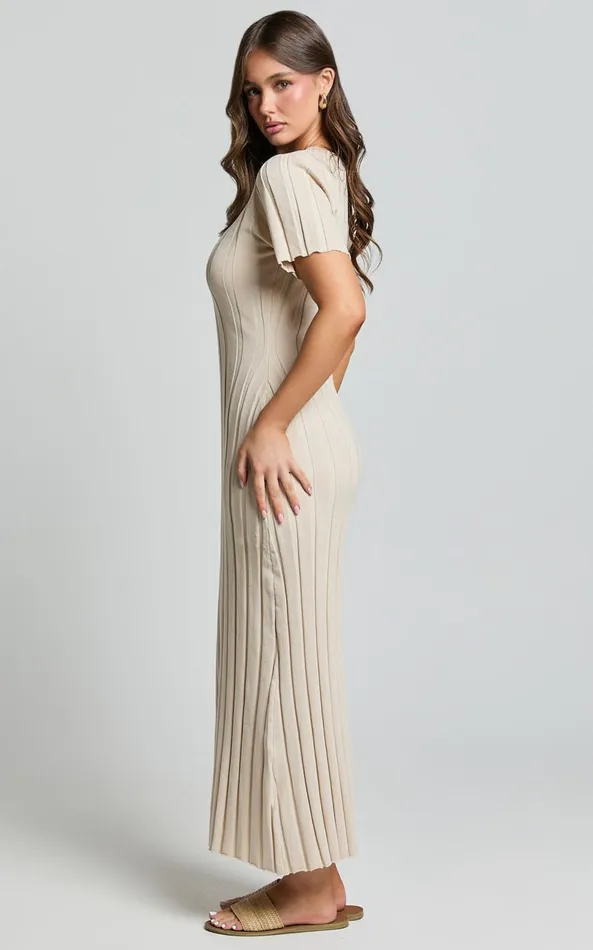 Showpo Elfha Midi Dress 8211 Wide Rib Short Sleeve Knit Midi Dress In Sand Women Dresses