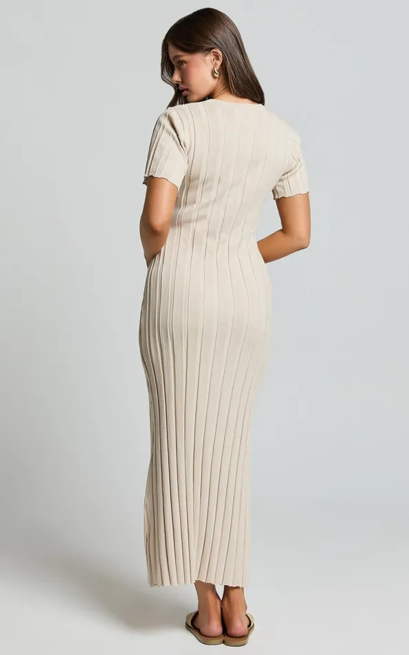 Showpo Elfha Midi Dress 8211 Wide Rib Short Sleeve Knit Midi Dress In Sand Women Dresses