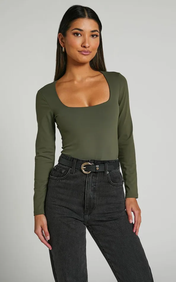 Showpo Elia Bodysuit 8211 Square Neck Long Sleeve Bodysuit In Olive Women Basics Showpo Elia Bodysuit 8211 Square Neck Long Sleeve Bodysuit In Olive Women Basics