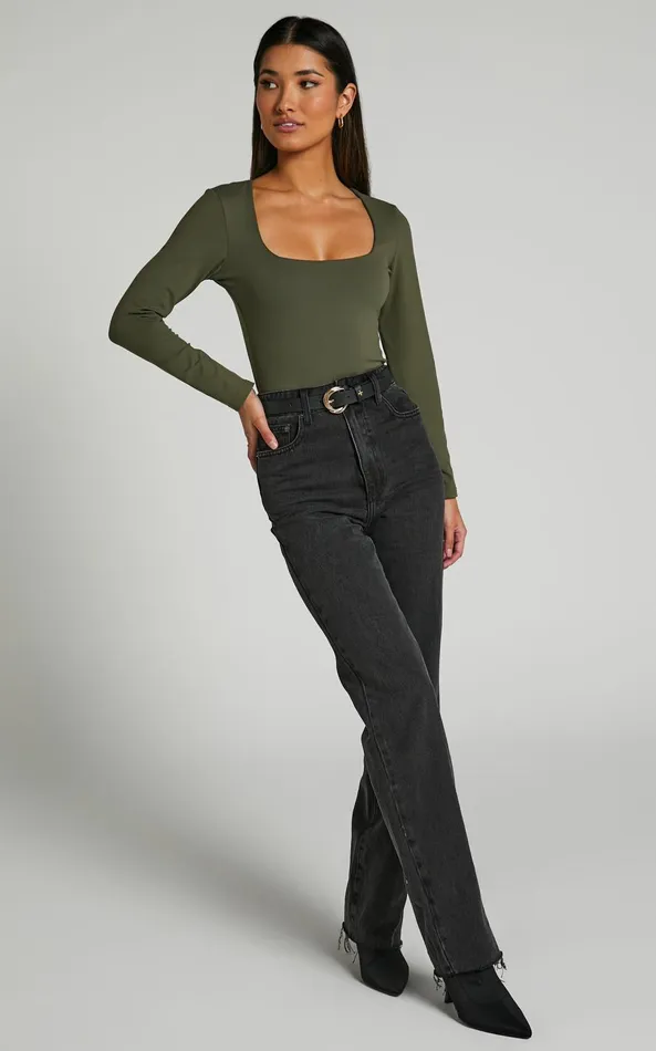 Showpo Elia Bodysuit 8211 Square Neck Long Sleeve Bodysuit In Olive Women Basics