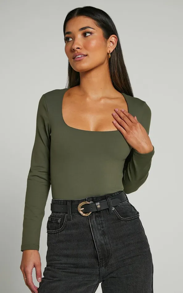 Showpo Elia Bodysuit 8211 Square Neck Long Sleeve Bodysuit In Olive Women Basics