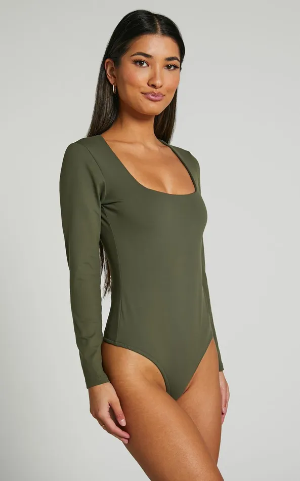 Showpo Elia Bodysuit 8211 Square Neck Long Sleeve Bodysuit In Olive Women Basics