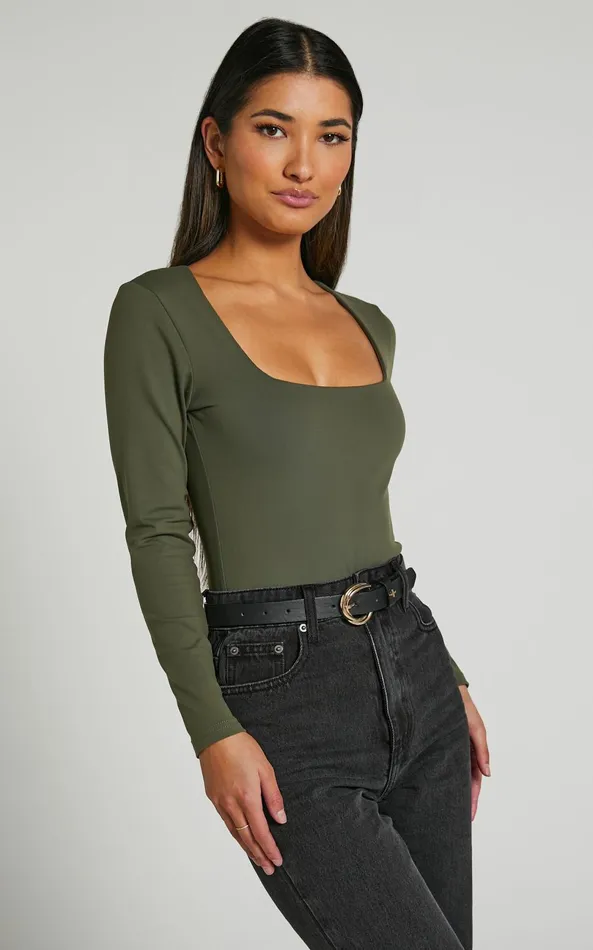 Showpo Elia Bodysuit 8211 Square Neck Long Sleeve Bodysuit In Olive Women Basics