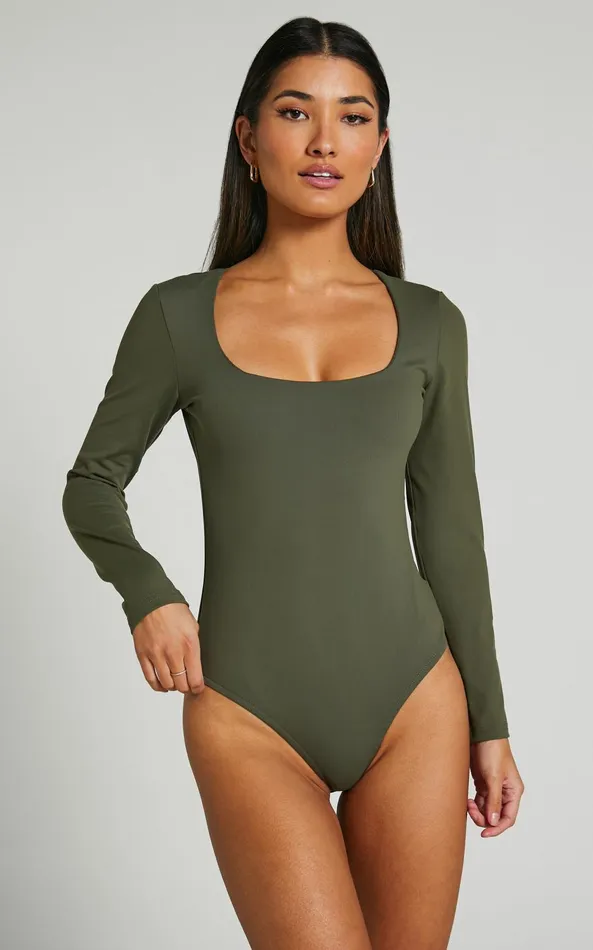 Showpo Elia Bodysuit 8211 Square Neck Long Sleeve Bodysuit In Olive Women Basics