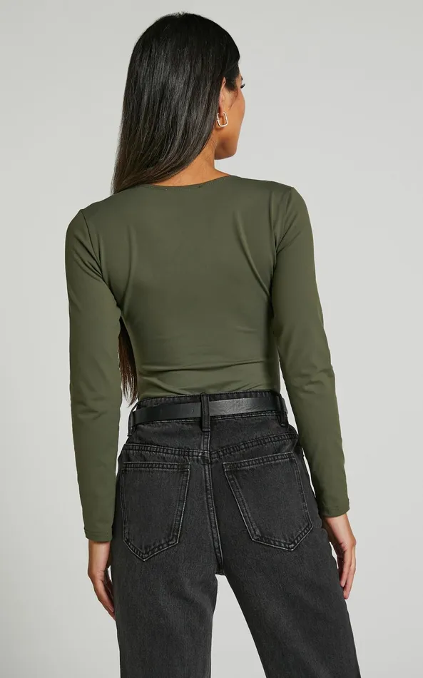 Showpo Elia Bodysuit 8211 Square Neck Long Sleeve Bodysuit In Olive Women Basics