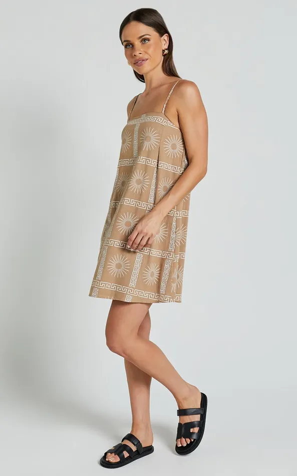 Showpo Elia Mini Dress 8211 Straight Neck Sleeveless Slip Dress In TanWhite Women Dresses