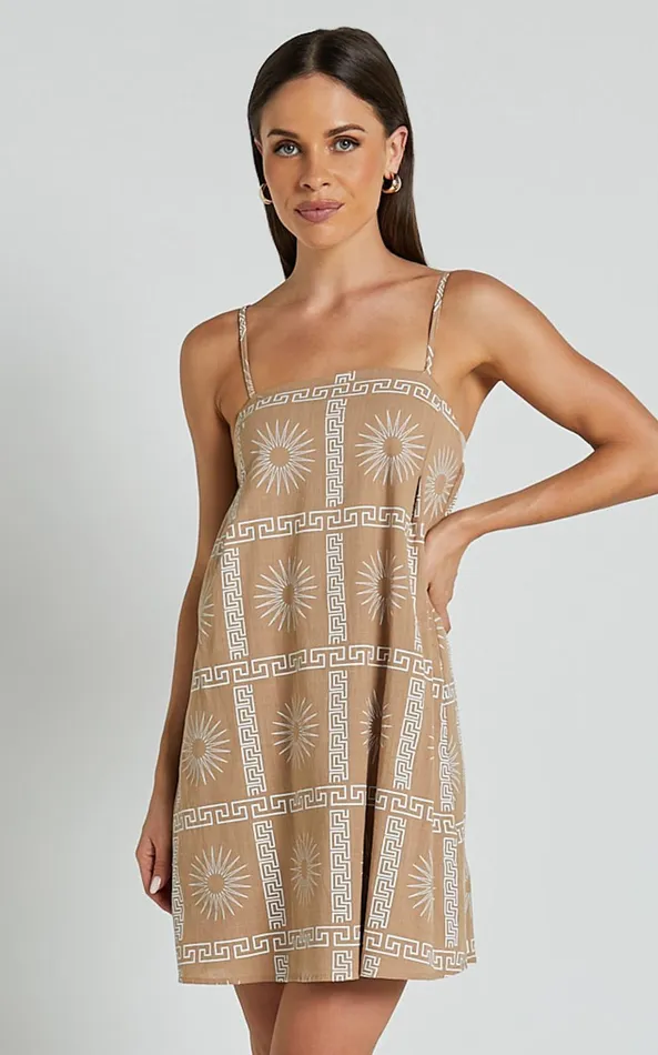 Showpo Elia Mini Dress 8211 Straight Neck Sleeveless Slip Dress In TanWhite Women Dresses