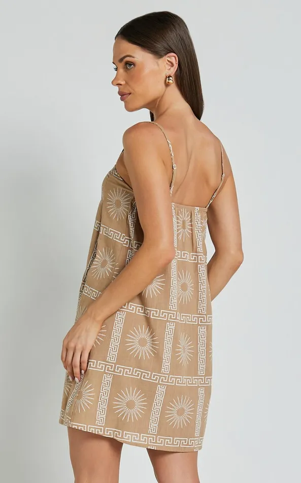 Showpo Elia Mini Dress 8211 Straight Neck Sleeveless Slip Dress In TanWhite Women Dresses