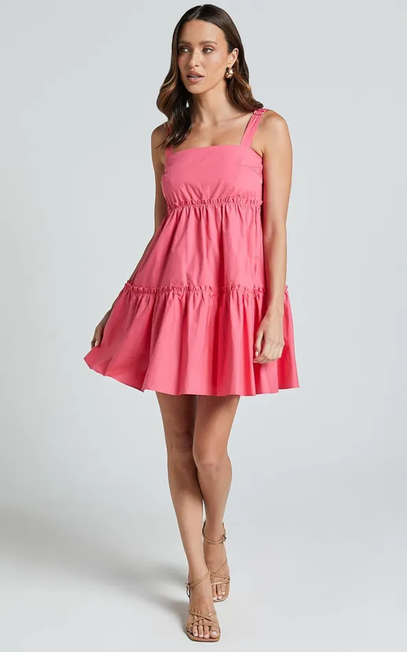 Showpo Eliana Mini Dress 8211 Square Neck Tiered Smock Dress In Berry Women Dresses