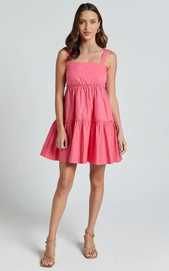 Showpo Eliana Mini Dress 8211 Square Neck Tiered Smock Dress In Berry Women Dresses