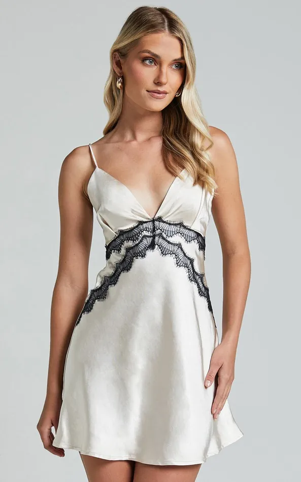 Showpo Elias Mini Dress 8211 Lace Detail Aline Satin Dress In Champagne Women Dresses