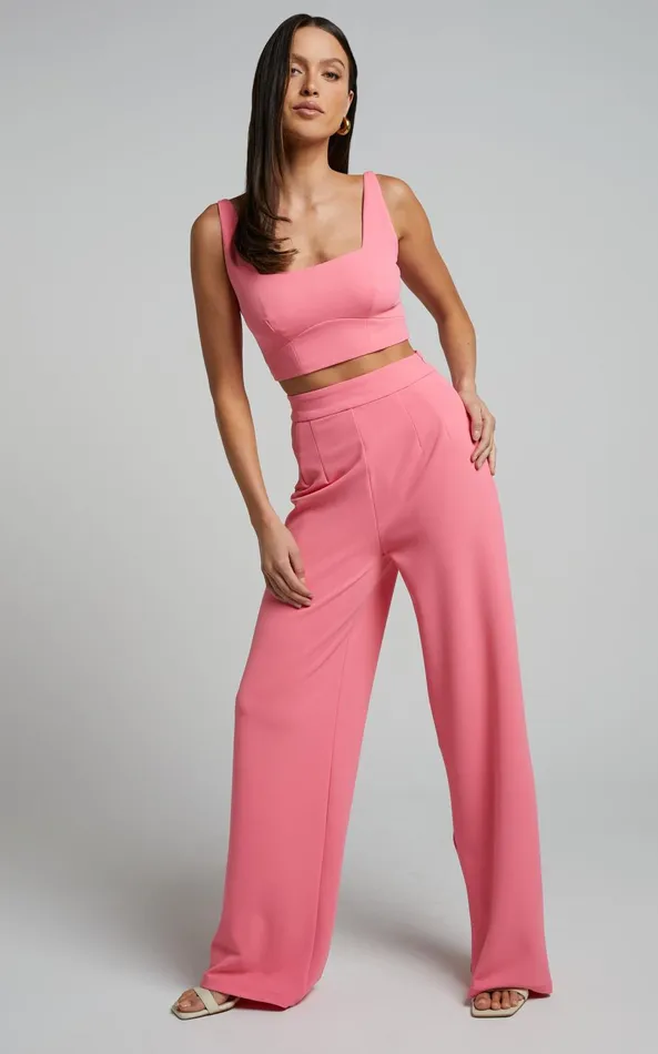 Showpo Elibeth Two Piece Set 8211 Crop Top And High Waisted Wide Leg Pants Set In Bubblegum Pink Women Curve Clothes