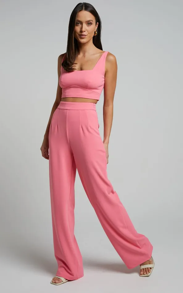 Showpo Elibeth Two Piece Set 8211 Crop Top And High Waisted Wide Leg Pants Set In Bubblegum Pink Women Curve Clothes